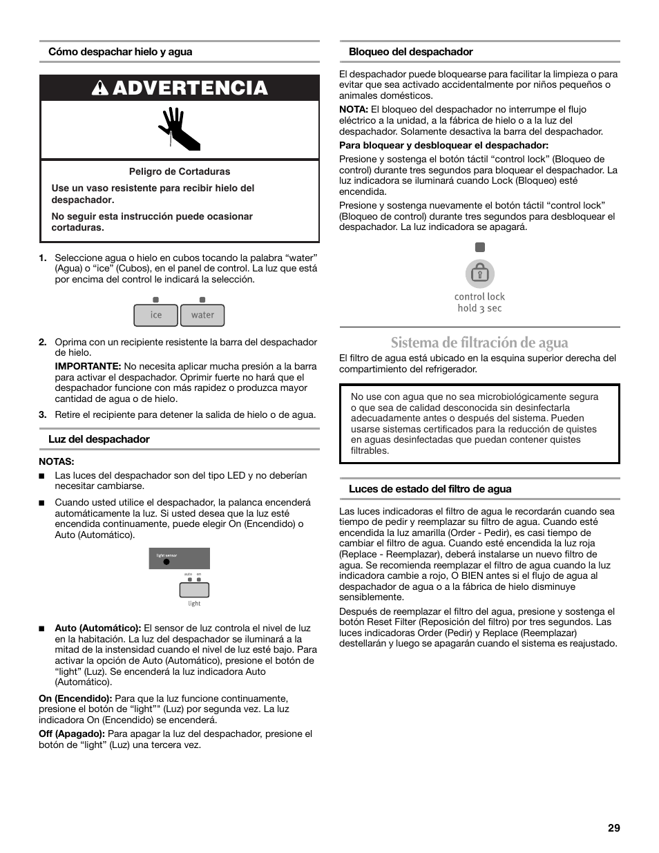 Advertencia, Sistema de filtración de agua | Maytag 12828190A User Manual | Page 29 / 54