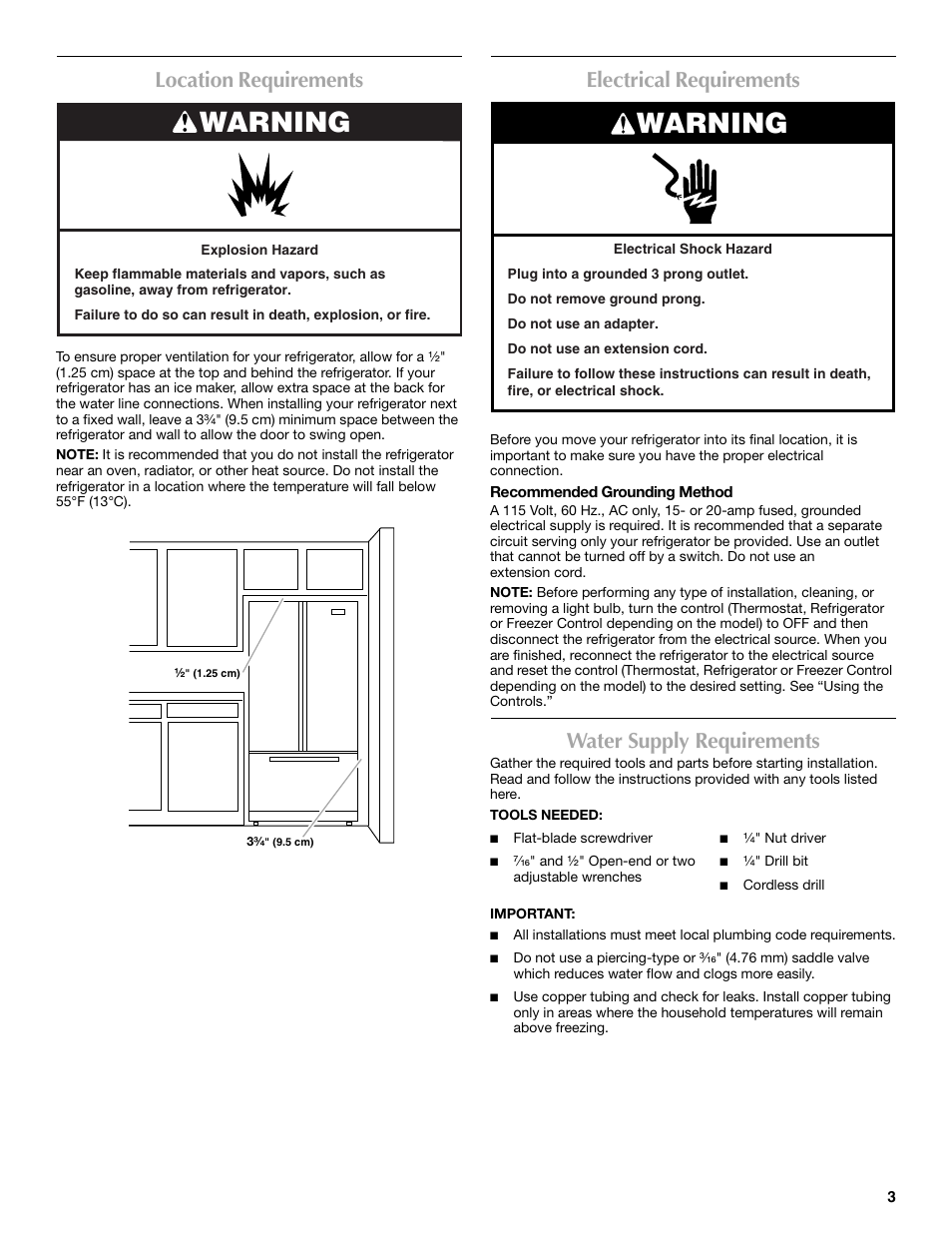 Warning, Location requirements, Electrical requirements | Water supply requirements | Maytag 12828190A User Manual | Page 3 / 54