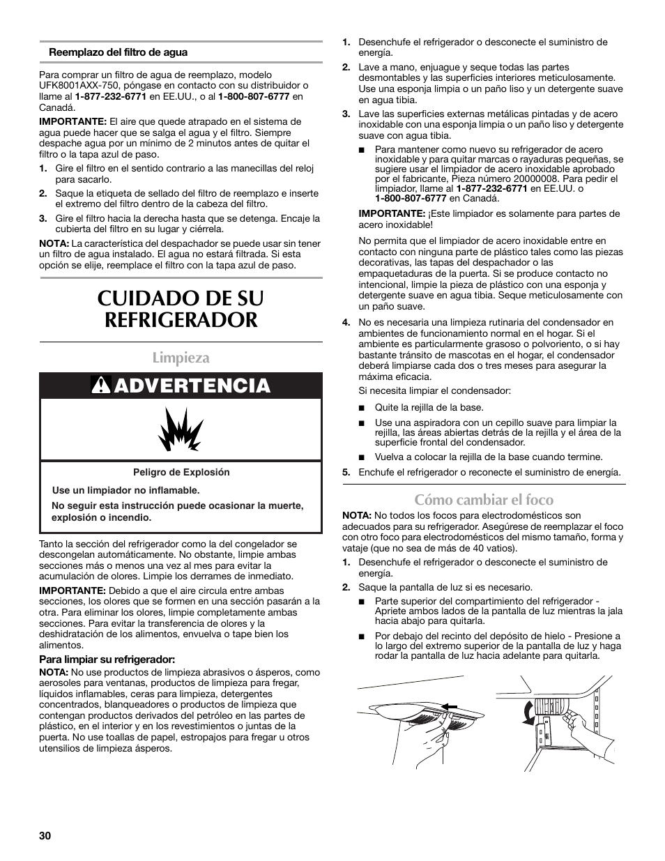 Cuidado de su refrigerador, Advertencia, Limpieza | Cómo cambiar el foco | Maytag 12828190A User Manual | Page 30 / 54