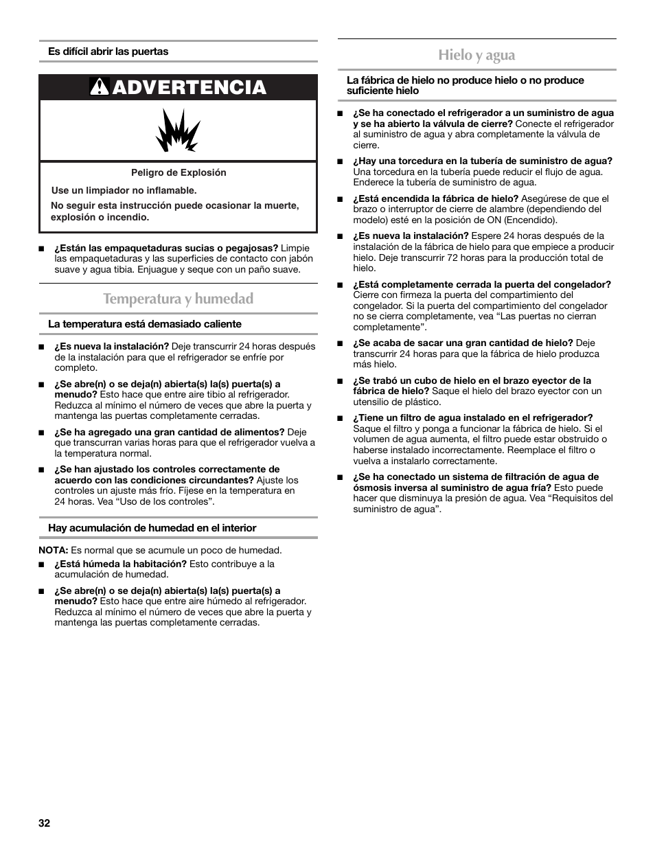 Advertencia, Temperatura y humedad, Hielo y agua | Maytag 12828190A User Manual | Page 32 / 54