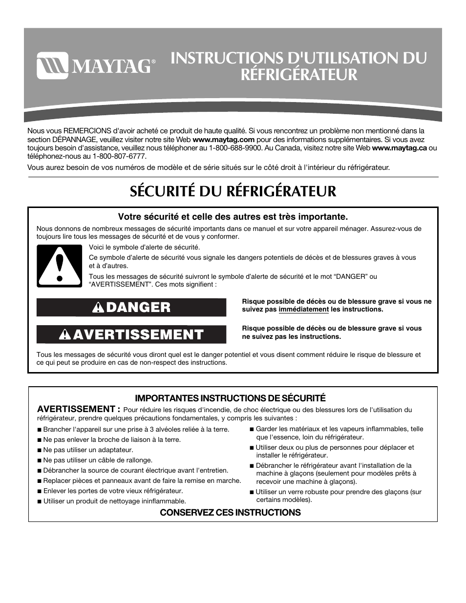 Instructions d'utilisation du réfrigérateur, Sécurité du réfrigérateur, Avertissement danger | Maytag 12828190A User Manual | Page 36 / 54