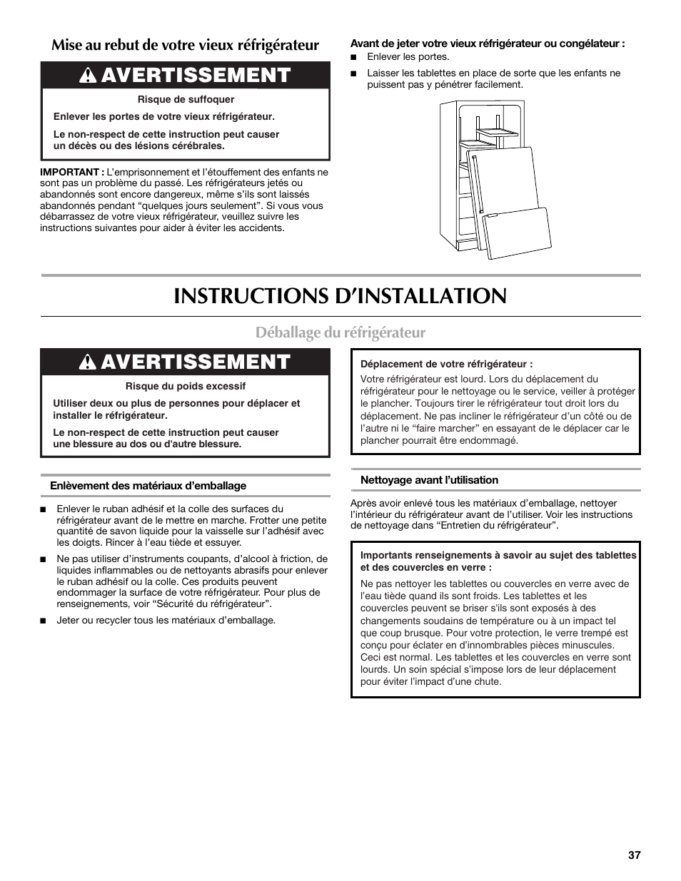 Instructions d’installation, Avertissement, Mise au rebut de votre vieux réfrigérateur | Déballage du réfrigérateur | Maytag 12828190A User Manual | Page 37 / 54