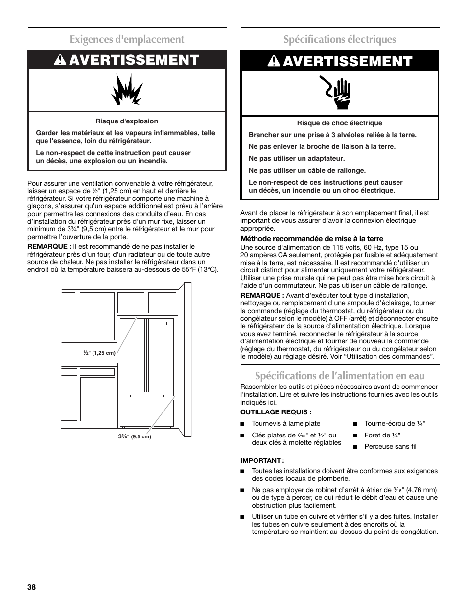 Avertissement, Exigences d'emplacement, Spécifications électriques | Spécifications de l’alimentation en eau | Maytag 12828190A User Manual | Page 38 / 54