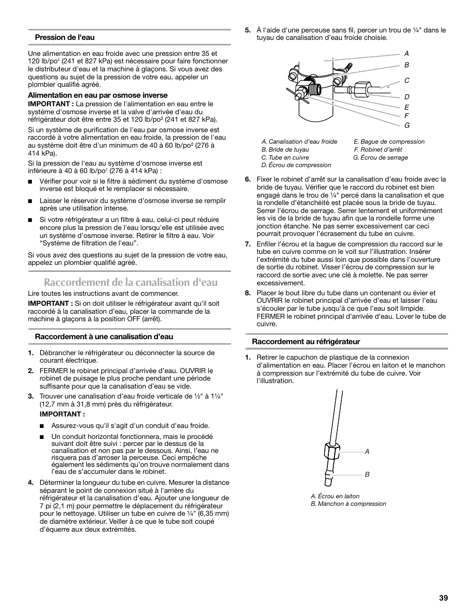 Raccordement de la canalisation d'eau | Maytag 12828190A User Manual | Page 39 / 54
