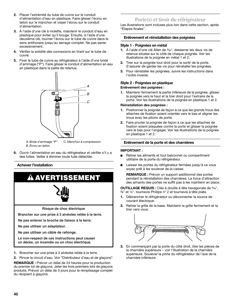 Avertissement, Porte(s) et tiroir du réfrigérateur | Maytag 12828190A User Manual | Page 40 / 54