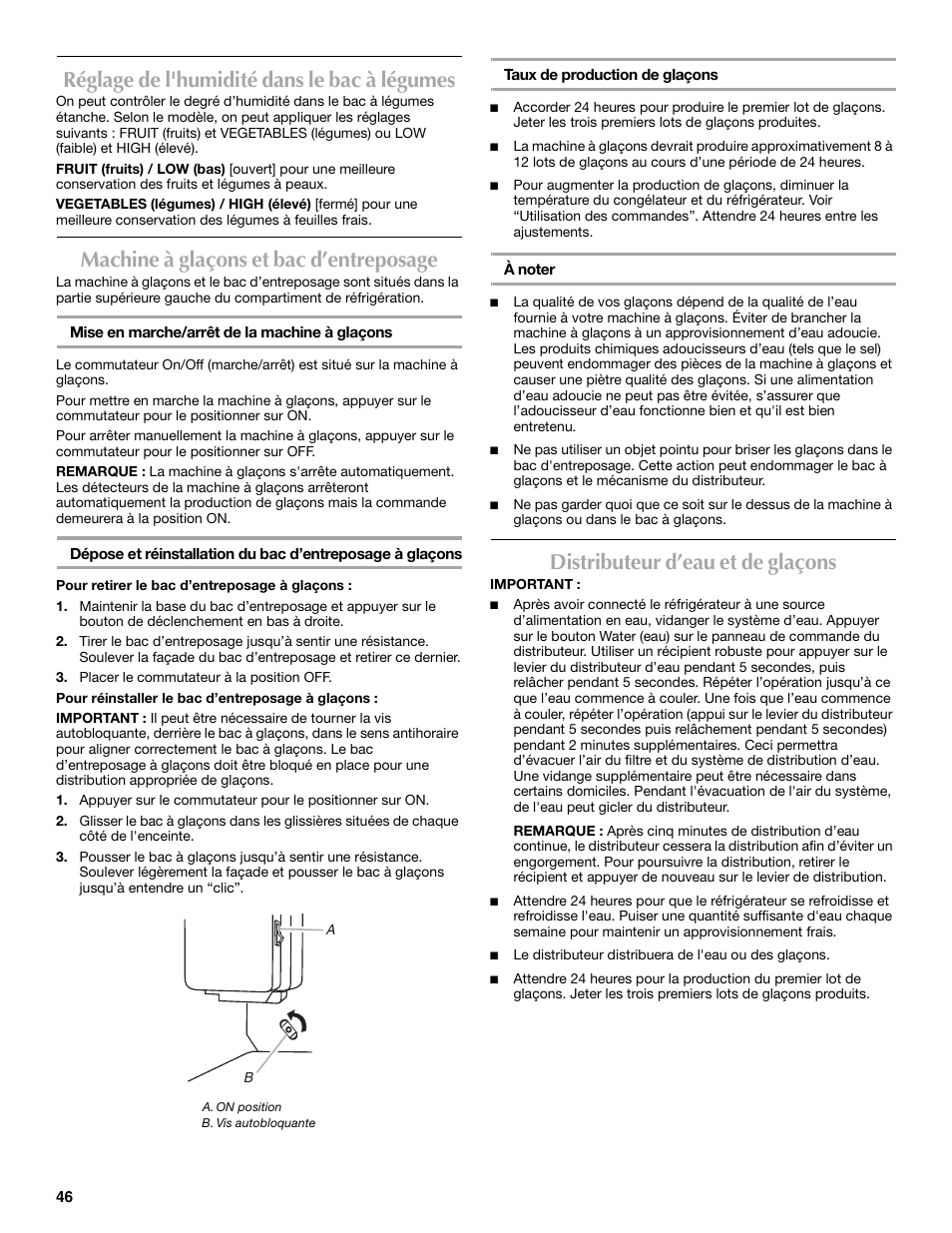 Réglage de l'humidité dans le bac à légumes, Machine à glaçons et bac d’entreposage, Distributeur d’eau et de glaçons | Maytag 12828190A User Manual | Page 46 / 54