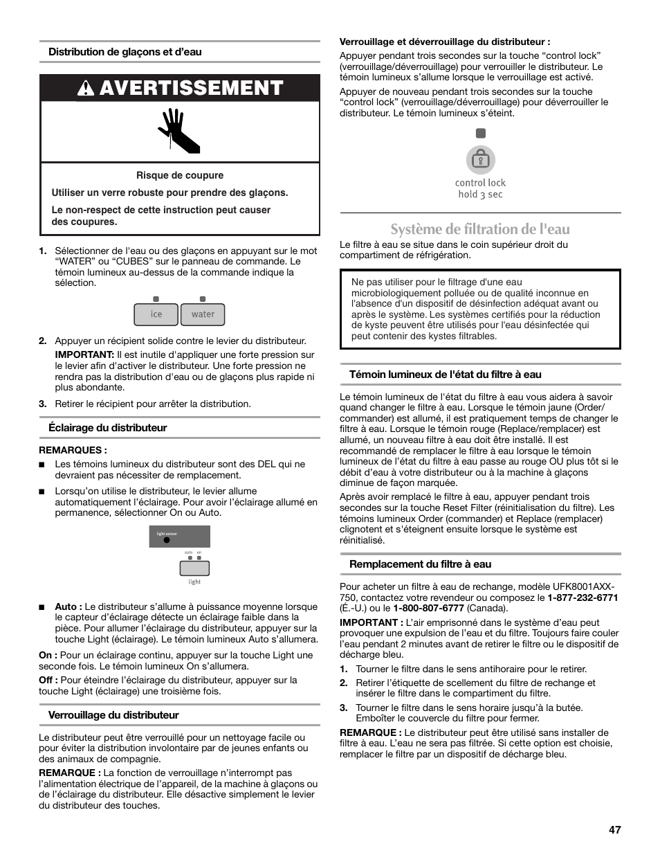Avertissement, Système de filtration de l'eau | Maytag 12828190A User Manual | Page 47 / 54