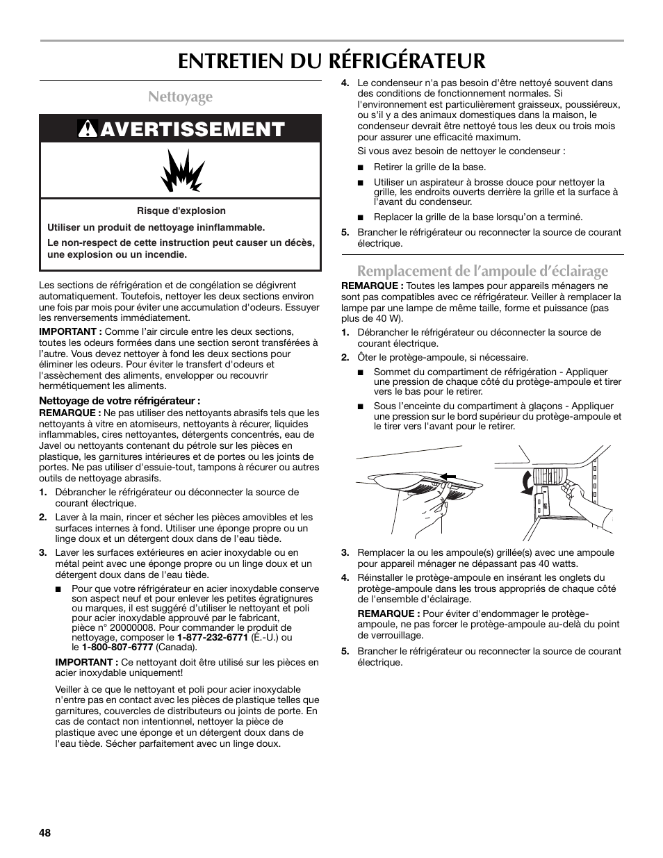 Entretien du réfrigérateur, Avertissement, Nettoyage | Remplacement de l’ampoule d’éclairage | Maytag 12828190A User Manual | Page 48 / 54