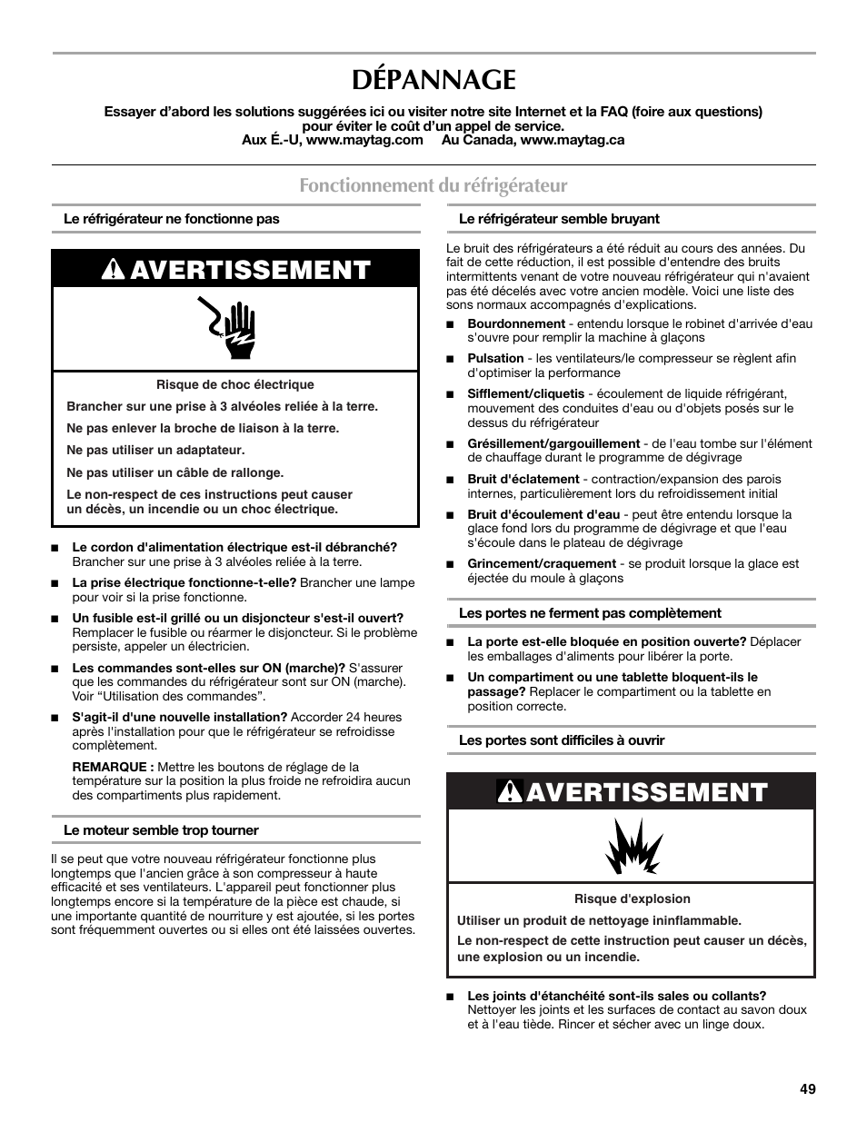 Dépannage, Avertissement, Fonctionnement du réfrigérateur | Maytag 12828190A User Manual | Page 49 / 54