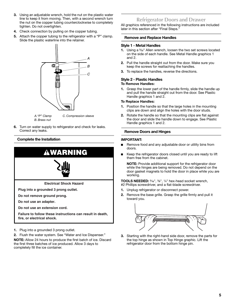 Warning, Refrigerator doors and drawer | Maytag 12828190A User Manual | Page 5 / 54