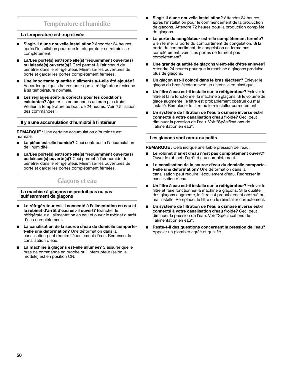 Température et humidité, Glaçons et eau | Maytag 12828190A User Manual | Page 50 / 54
