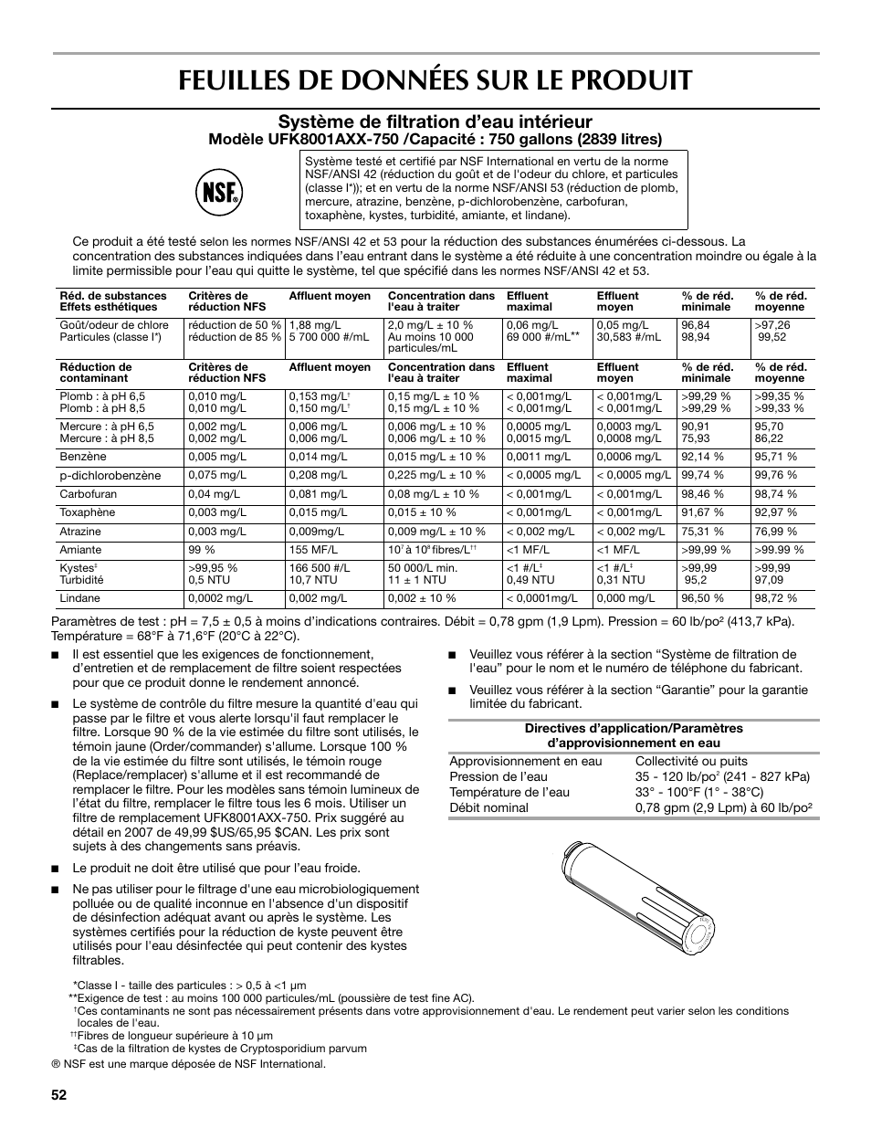 Feuilles de données sur le produit, Système de filtration d’eau intérieur | Maytag 12828190A User Manual | Page 52 / 54
