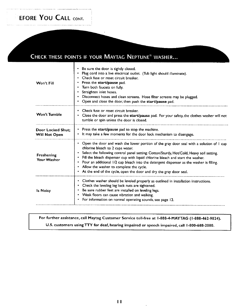 Efore you call, Efore | Maytag MAH5500B User Manual | Page 12 / 16