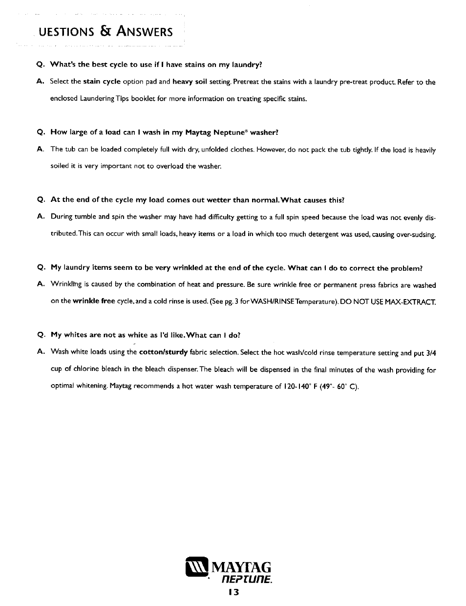 Uestions & answers, Questions and answers, Uestions & a | Maytag, Hep whe | Maytag MAH5500B User Manual | Page 14 / 16