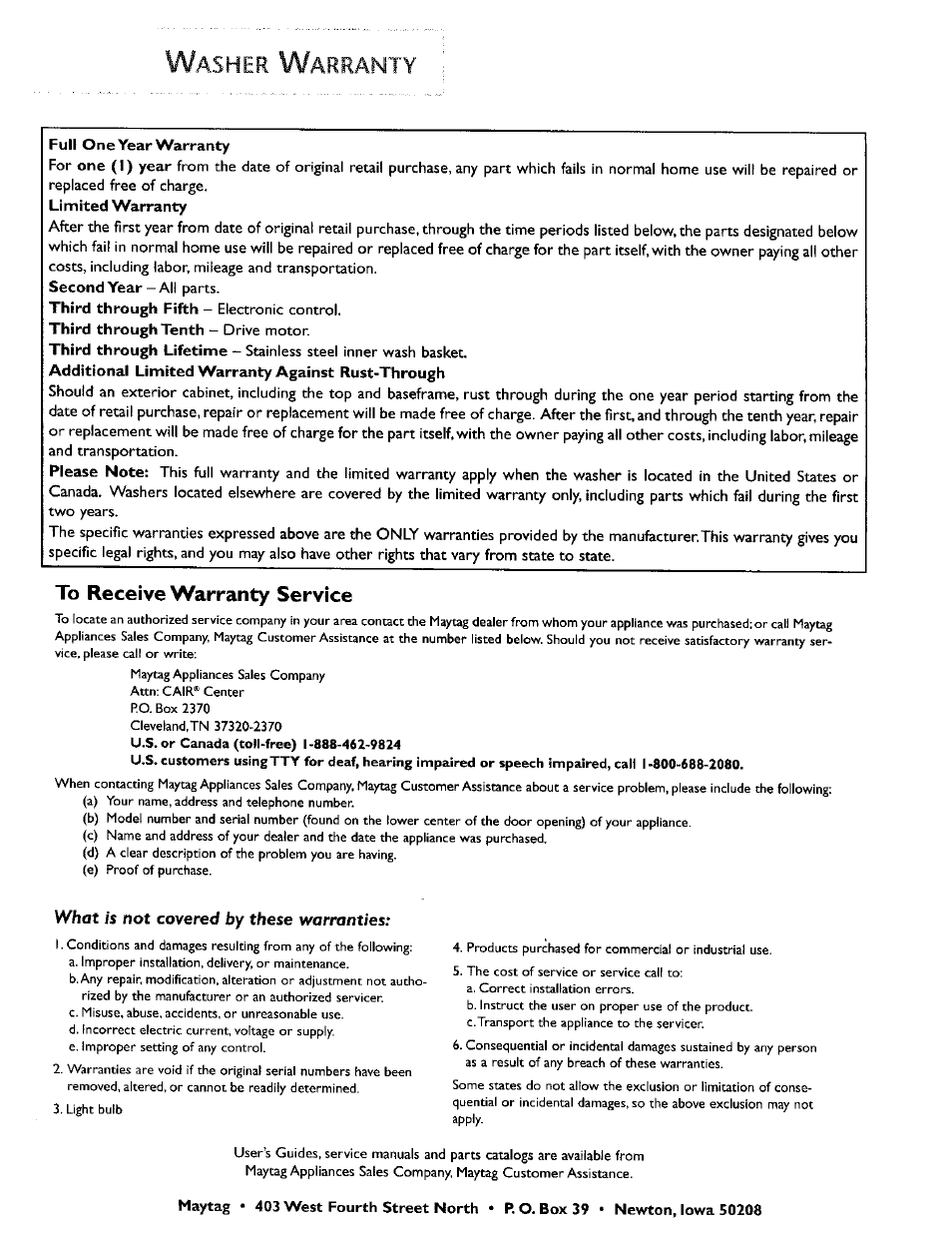 Asher, Arranty | Maytag MAH5500B User Manual | Page 16 / 16