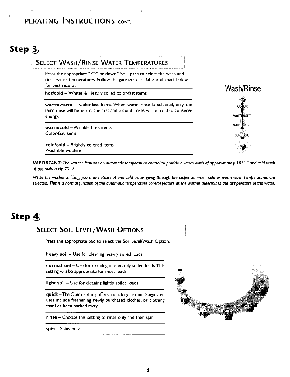 Perating instructions coni, I select wash/rinse water temperatures i, Select soil level/wash options | Operating instructions -5, Step 3), Step, Perating i, Wash/rinse | Maytag MAH5500B User Manual | Page 4 / 16