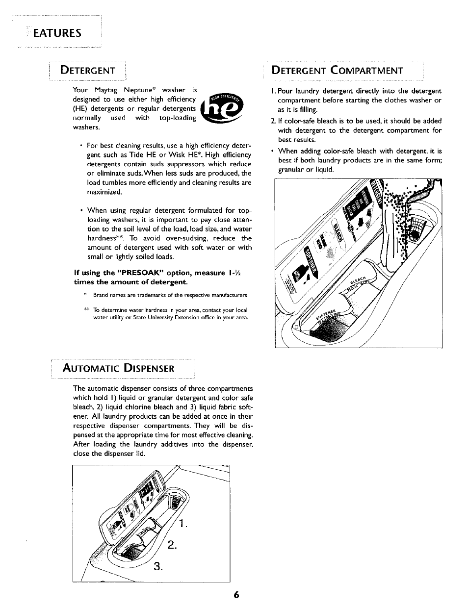Eatures, Detergent compartment, Automatic dispenser | Features -7 | Maytag MAH5500B User Manual | Page 7 / 16
