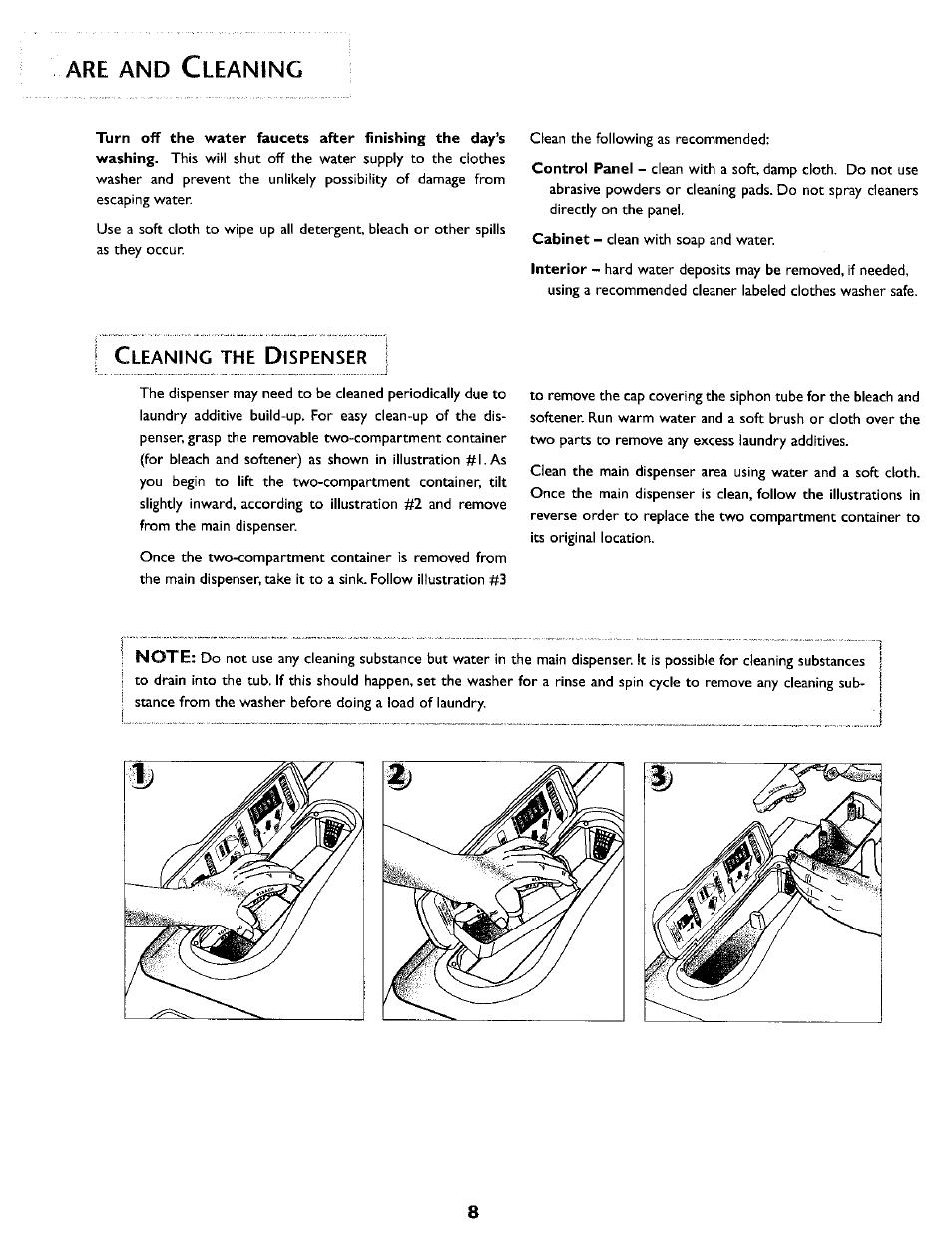 Are and cleaning, Cleaning the dispenser, Are and c | Leaning | Maytag MAH5500B User Manual | Page 9 / 16