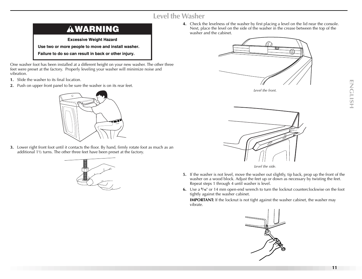 Warning, Level the washer | Maytag BRAVOSTM User Manual | Page 11 / 84