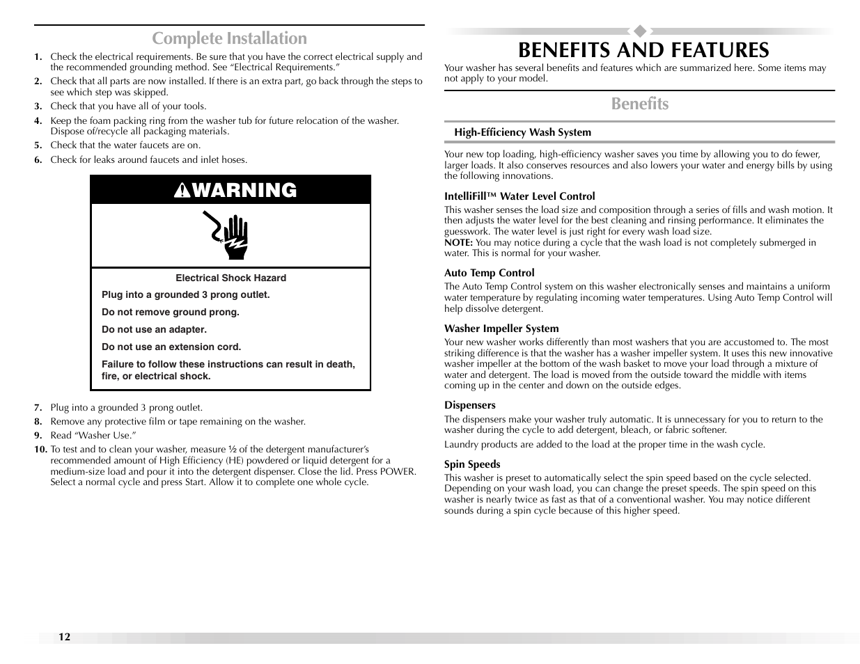 Benefits and features, Warning, Complete installation | Benefits | Maytag BRAVOSTM User Manual | Page 12 / 84