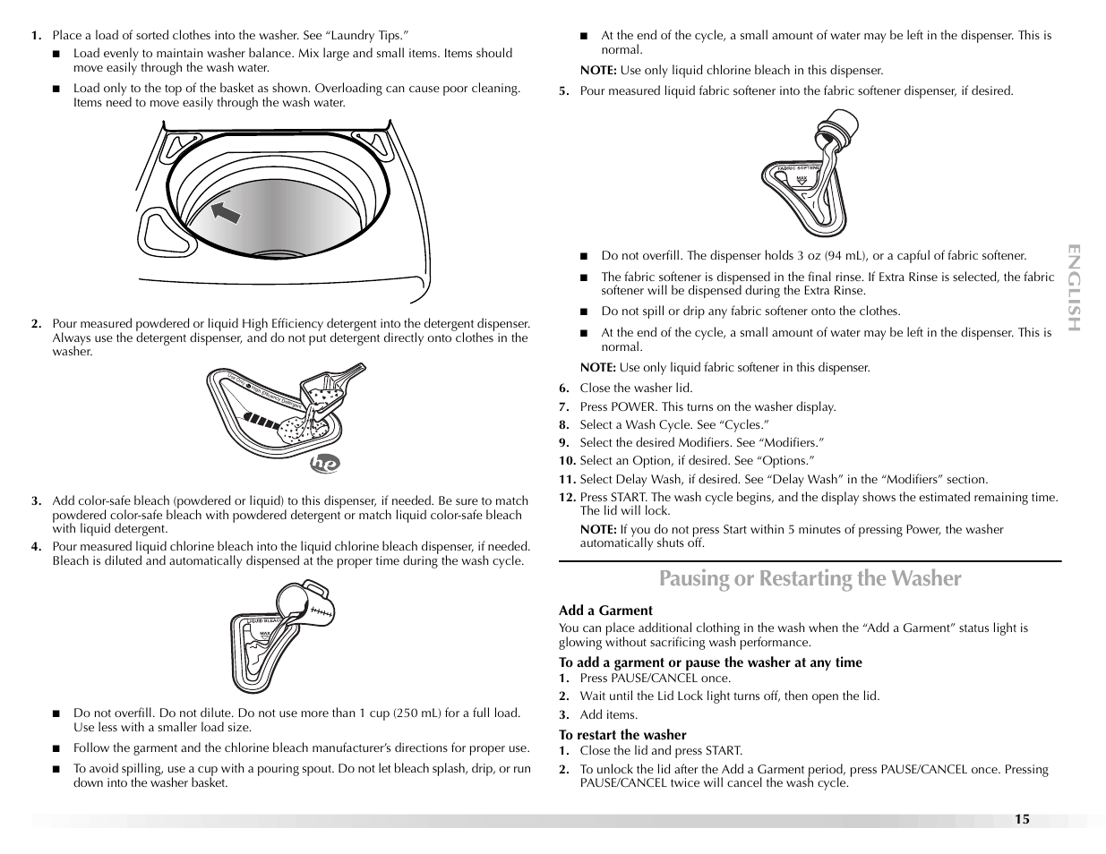 Pausing or restarting the washer | Maytag BRAVOSTM User Manual | Page 15 / 84