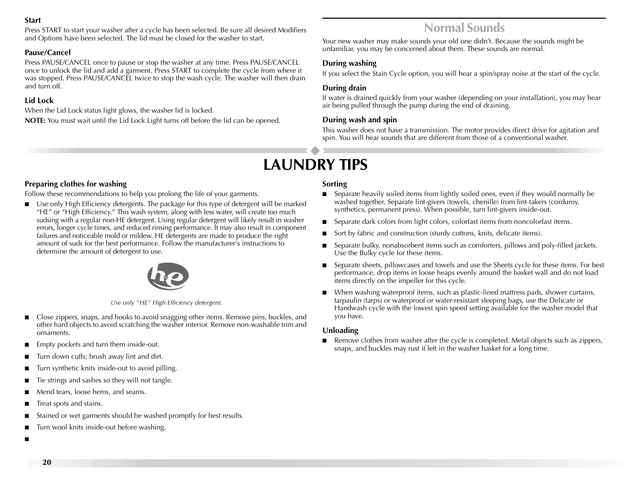 Laundry tips, Normal sounds | Maytag BRAVOSTM User Manual | Page 20 / 84