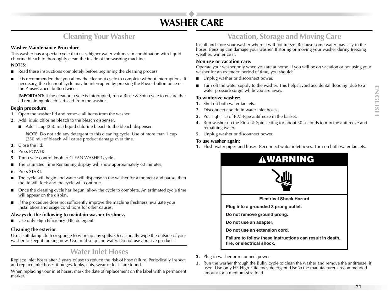 Washer care, Warning, Cleaning your washer | Water inlet hoses, Vacation, storage and moving care | Maytag BRAVOSTM User Manual | Page 21 / 84