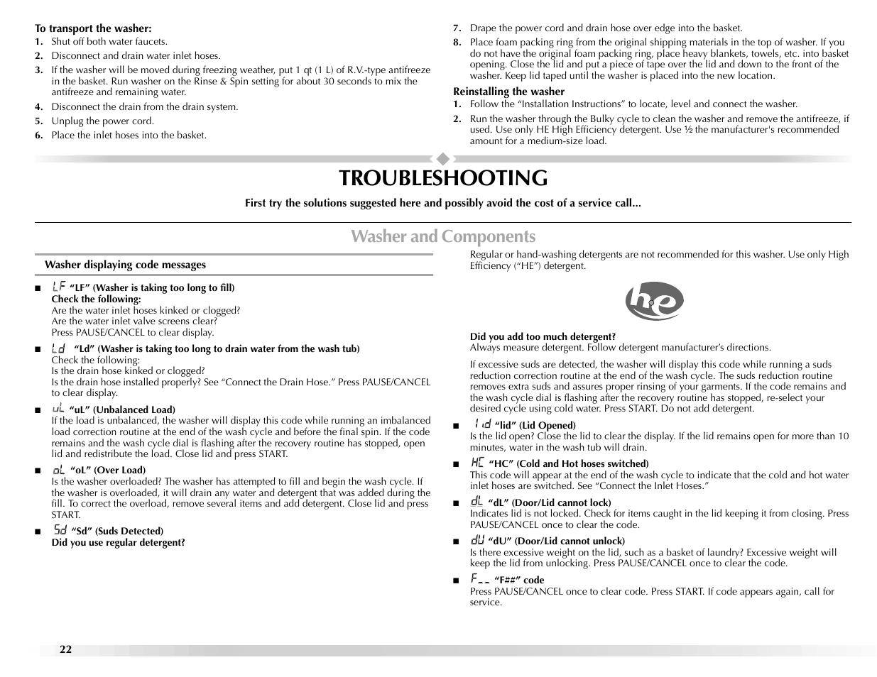 Troubleshooting, Washer and components | Maytag BRAVOSTM User Manual | Page 22 / 84