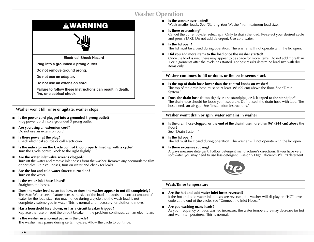 Warning, Washer operation | Maytag BRAVOSTM User Manual | Page 24 / 84