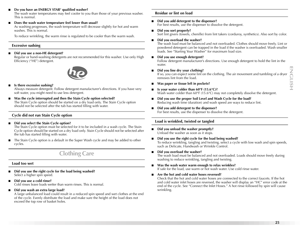 Clothing care | Maytag BRAVOSTM User Manual | Page 25 / 84