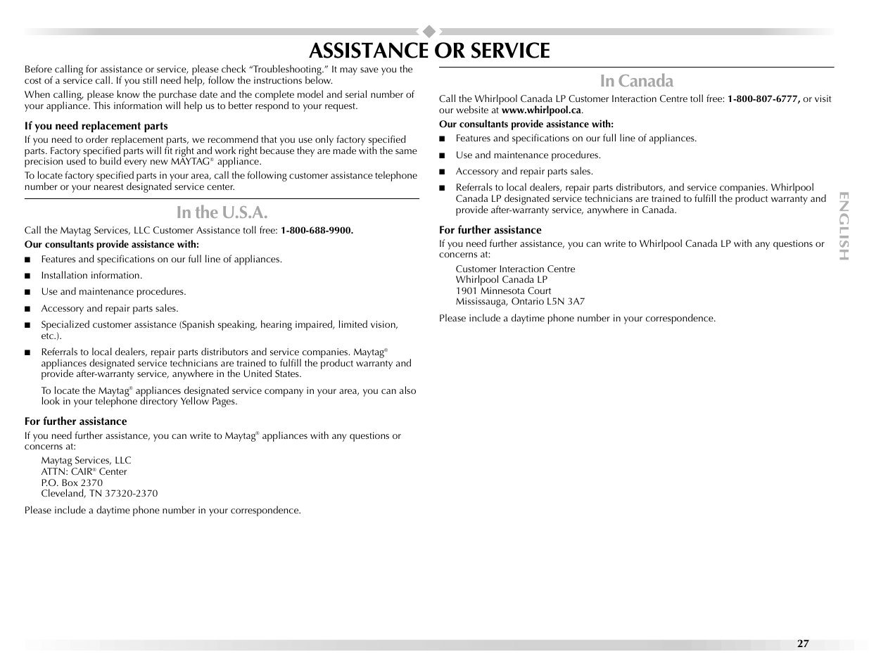 Assistance or service | Maytag BRAVOSTM User Manual | Page 27 / 84