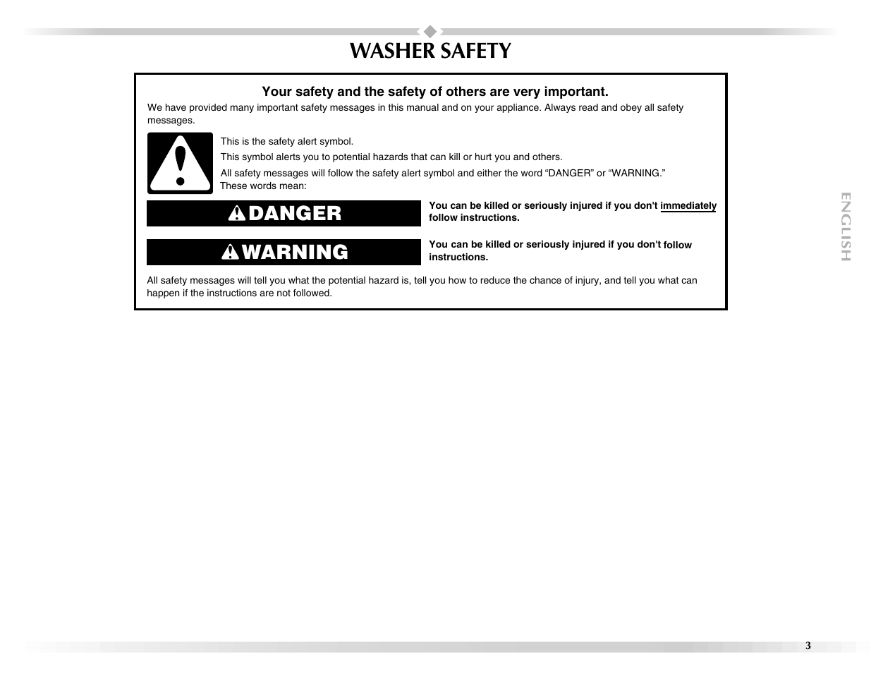 Washer safety, Danger warning | Maytag BRAVOSTM User Manual | Page 3 / 84