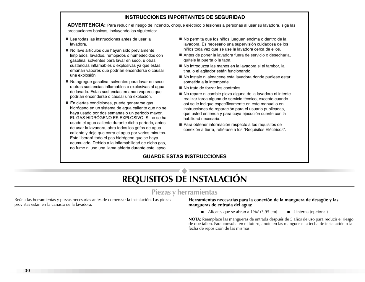 Requisitos de instalación, Piezas y herramientas | Maytag BRAVOSTM User Manual | Page 30 / 84