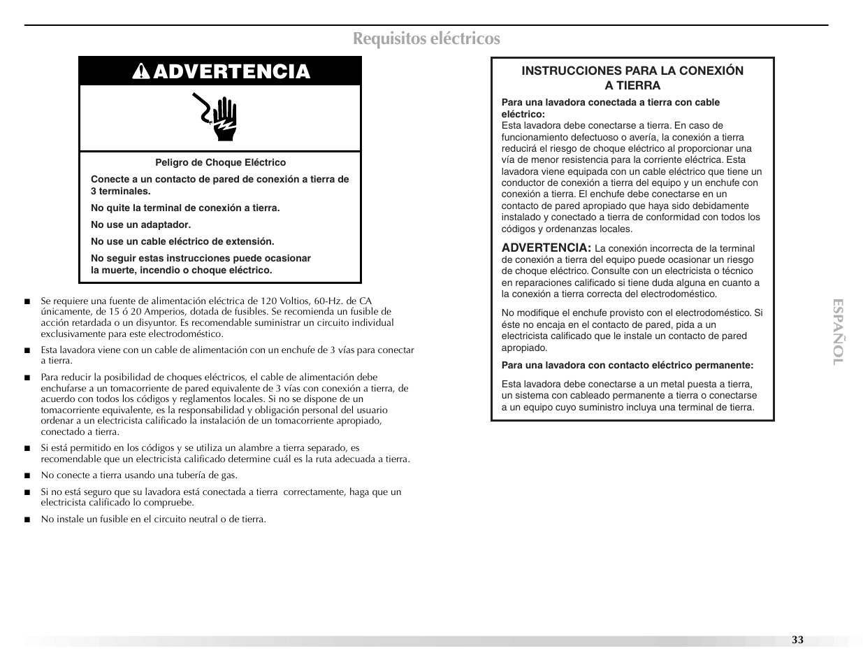 Advertencia, Requisitos eléctricos | Maytag BRAVOSTM User Manual | Page 33 / 84