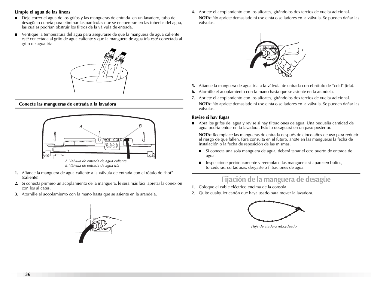 Fijación de la manguera de desagüe | Maytag BRAVOSTM User Manual | Page 36 / 84
