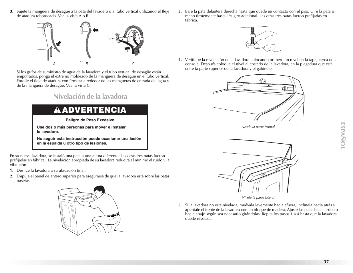 Advertencia, Nivelación de la lavadora | Maytag BRAVOSTM User Manual | Page 37 / 84