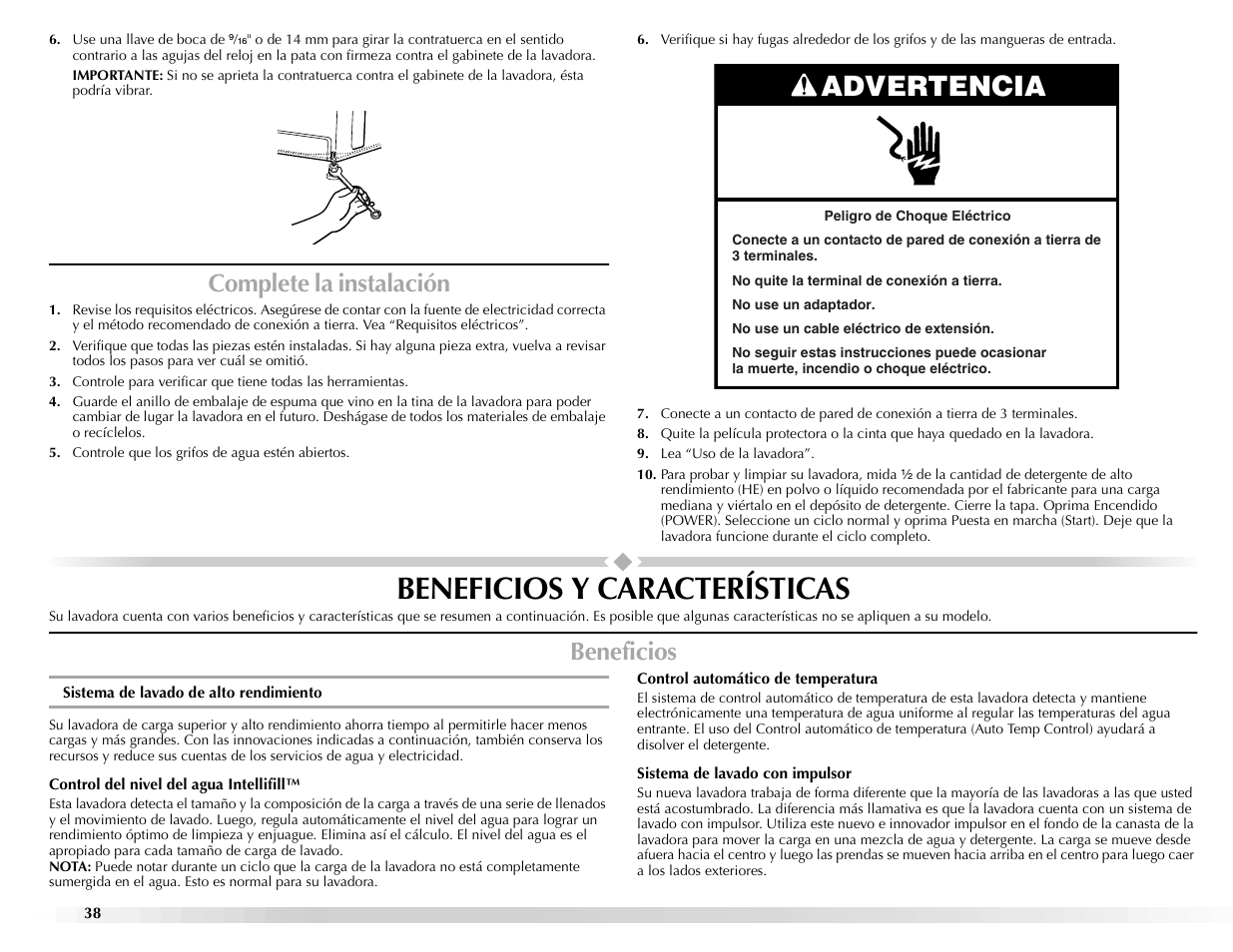 Beneficios y características, Advertencia, Complete la instalación | Beneficios | Maytag BRAVOSTM User Manual | Page 38 / 84