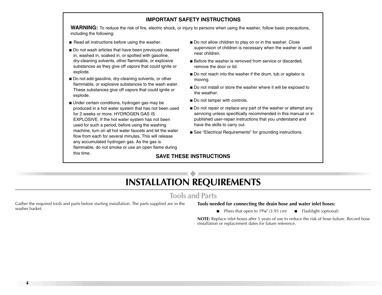 Installation requirements, Tools and parts | Maytag BRAVOSTM User Manual | Page 4 / 84