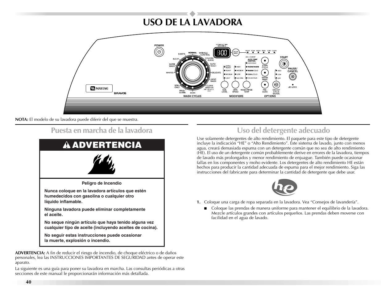 Uso de la lavadora, Advertencia, Puesta en marcha de la lavadora | Uso del detergente adecuado | Maytag BRAVOSTM User Manual | Page 40 / 84