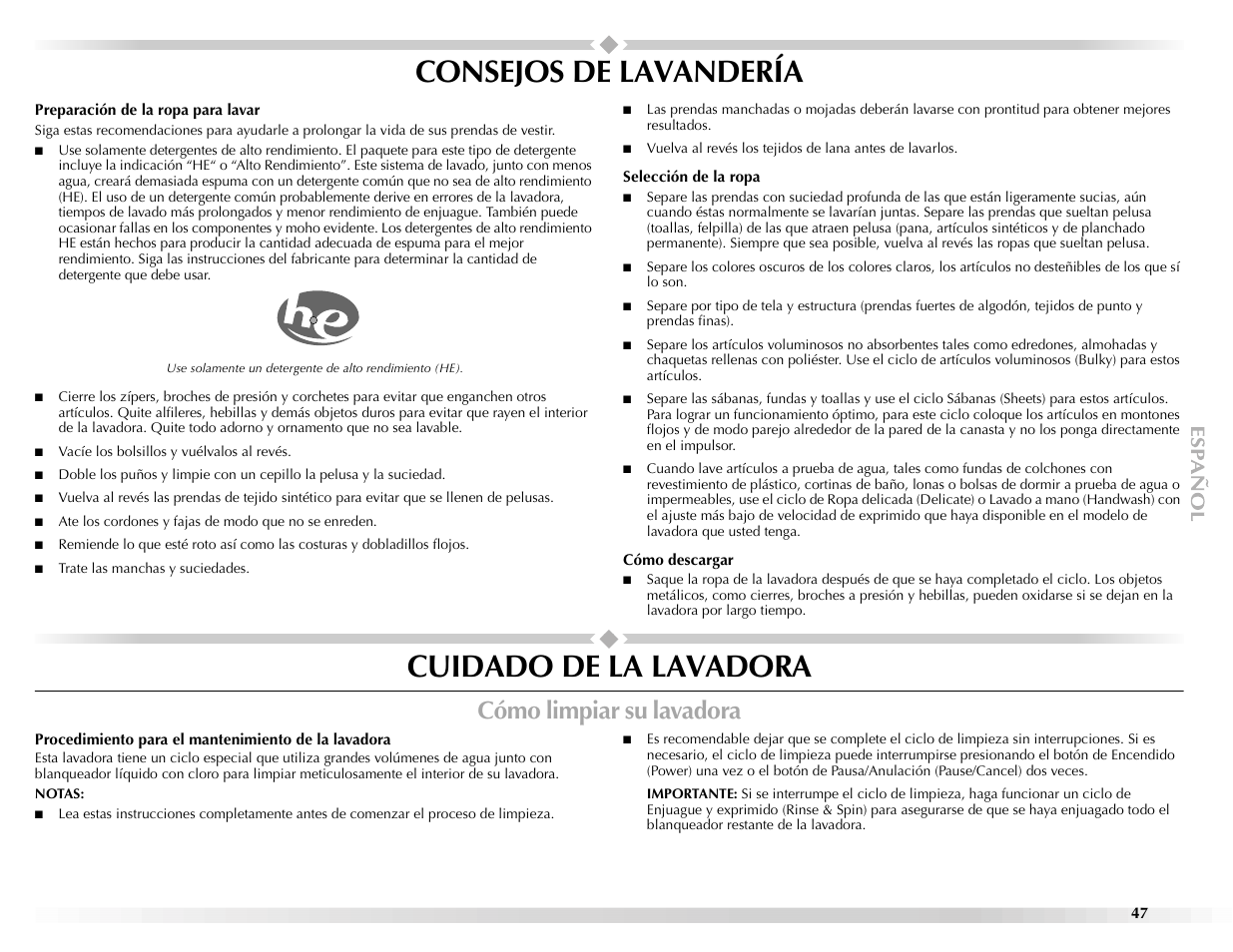 Consejos de lavandería, Cuidado de la lavadora, Cómo limpiar su lavadora | Maytag BRAVOSTM User Manual | Page 47 / 84
