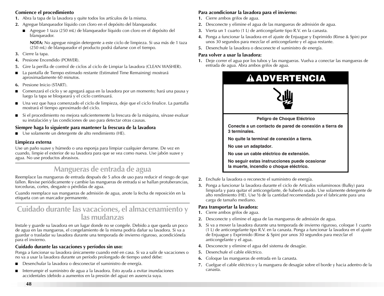 Advertencia, Mangueras de entrada de agua | Maytag BRAVOSTM User Manual | Page 48 / 84