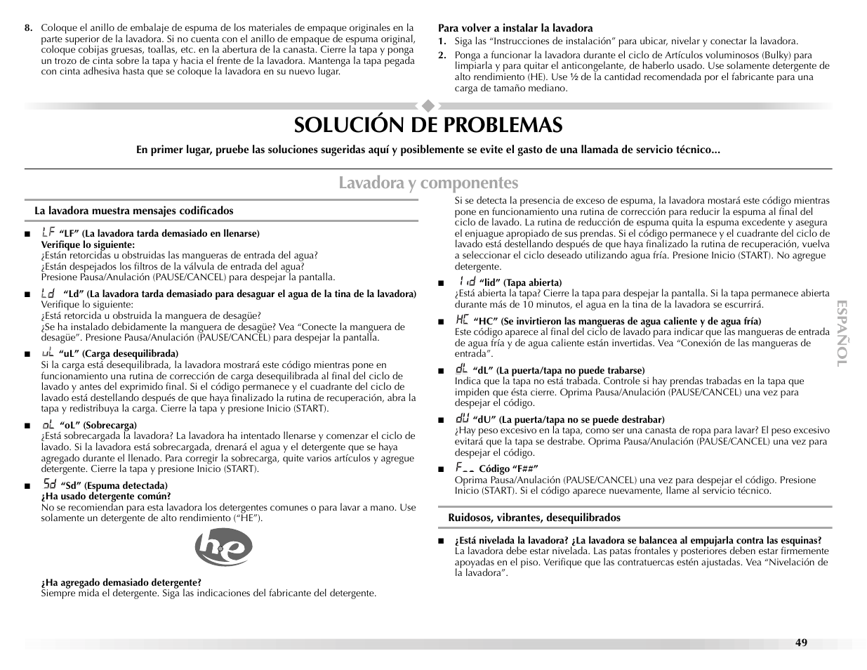 Solución de problemas, Lavadora y componentes | Maytag BRAVOSTM User Manual | Page 49 / 84