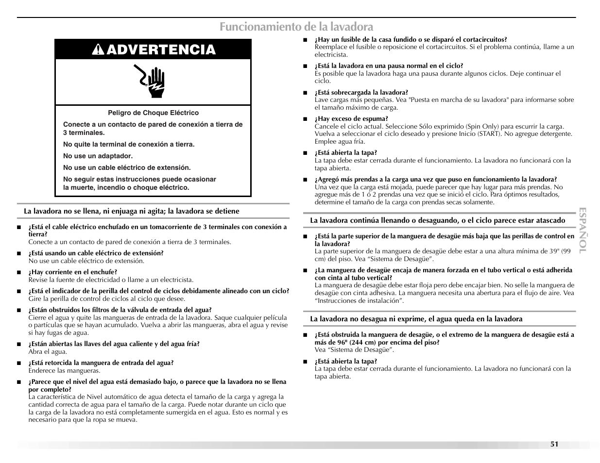 Advertencia, Funcionamiento de la lavadora | Maytag BRAVOSTM User Manual | Page 51 / 84