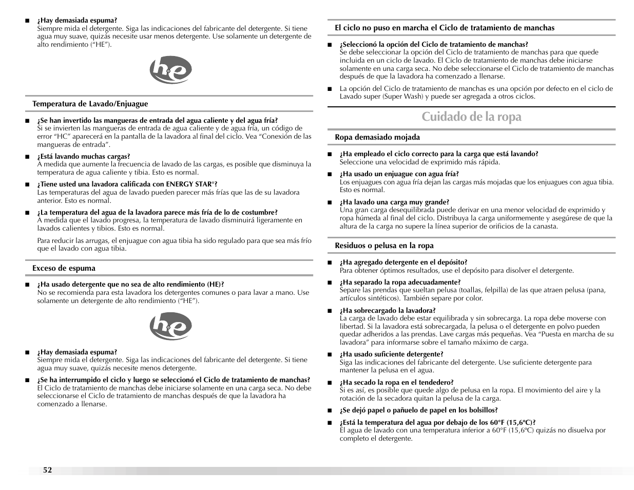 Cuidado de la ropa | Maytag BRAVOSTM User Manual | Page 52 / 84