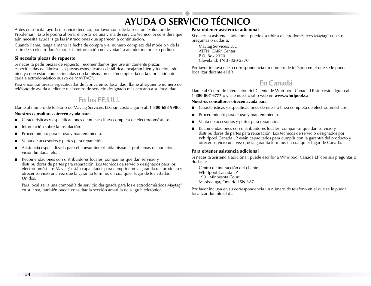 Ayuda o servicio técnico, En los ee.uu, En canadá | Maytag BRAVOSTM User Manual | Page 54 / 84