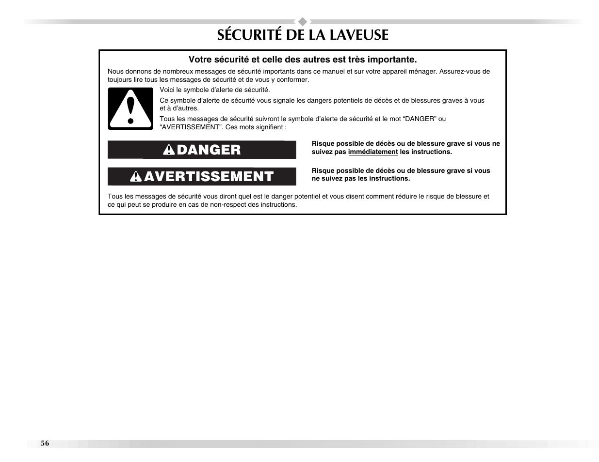 Sécurité de la laveuse, Avertissement danger | Maytag BRAVOSTM User Manual | Page 56 / 84