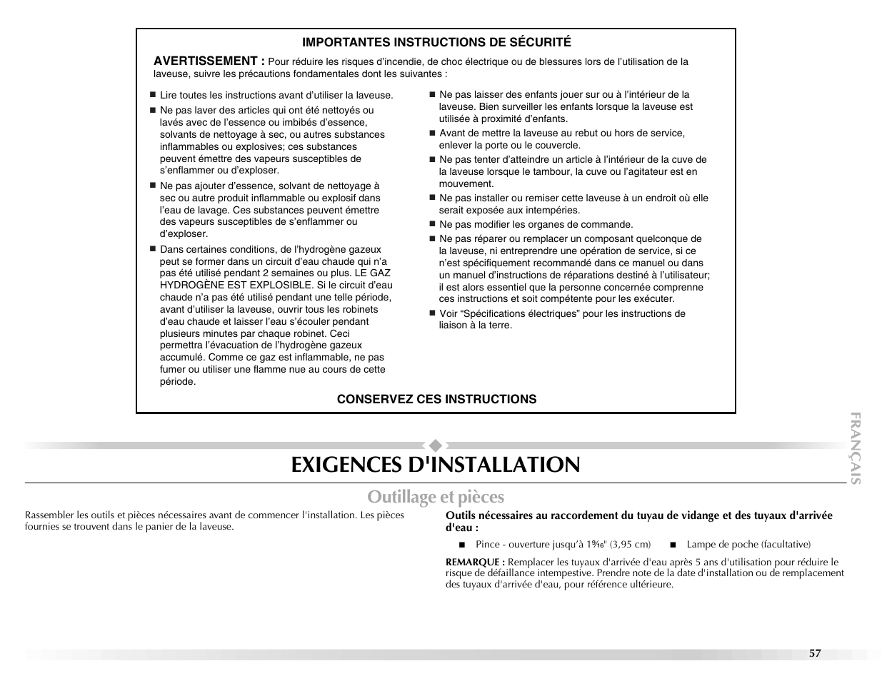 Exigences d'installation, Outillage et pièces | Maytag BRAVOSTM User Manual | Page 57 / 84