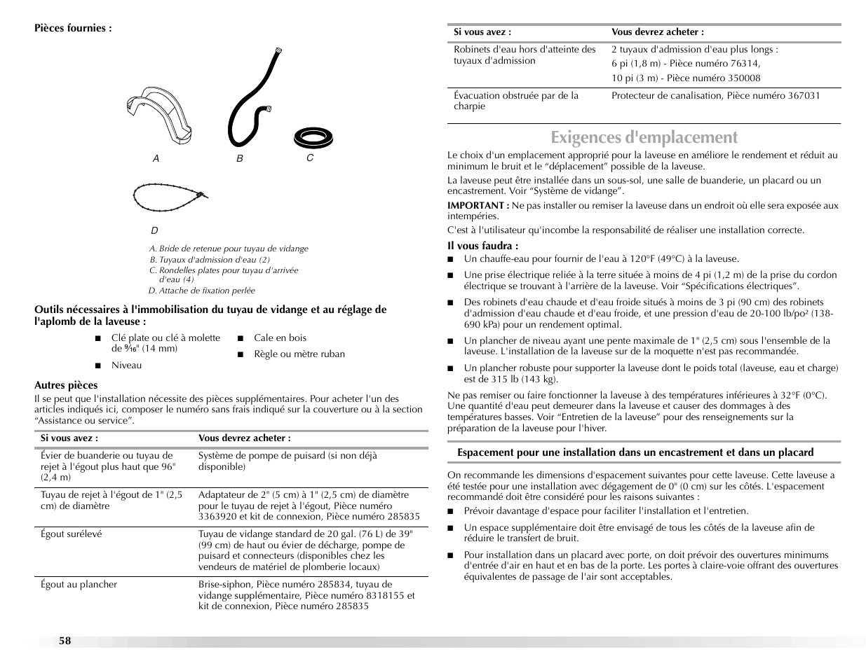 Exigences d'emplacement | Maytag BRAVOSTM User Manual | Page 58 / 84