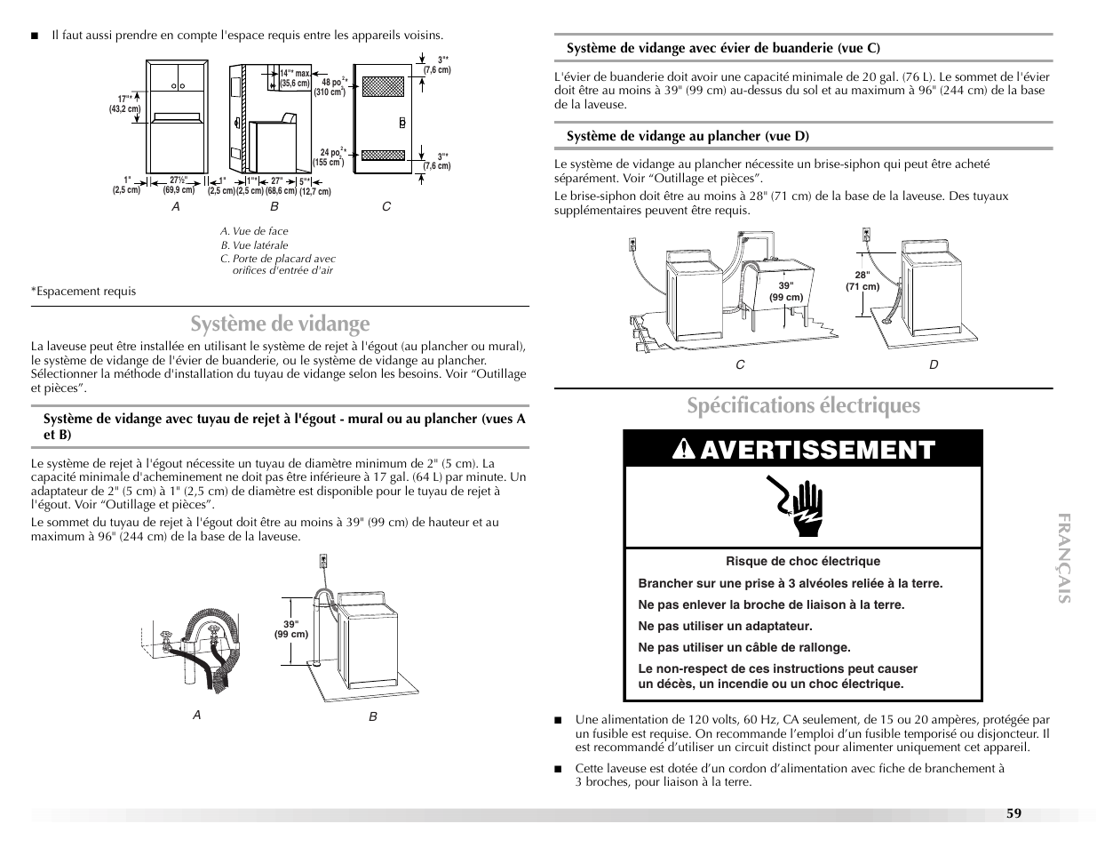 Avertissement, Système de vidange, Spécifications électriques | Maytag BRAVOSTM User Manual | Page 59 / 84