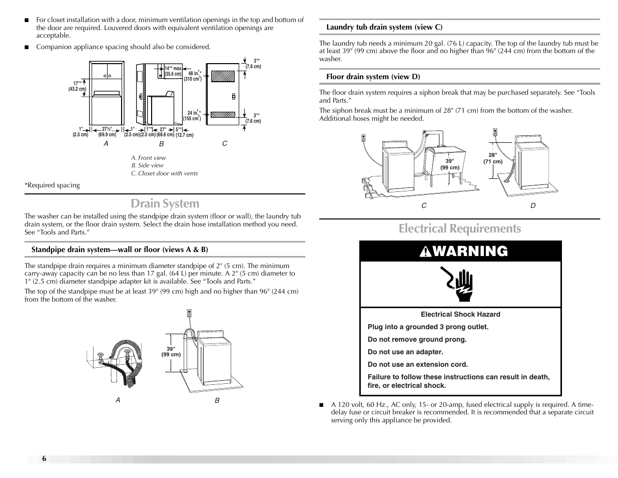 Warning, Drain system, Electrical requirements | Maytag BRAVOSTM User Manual | Page 6 / 84